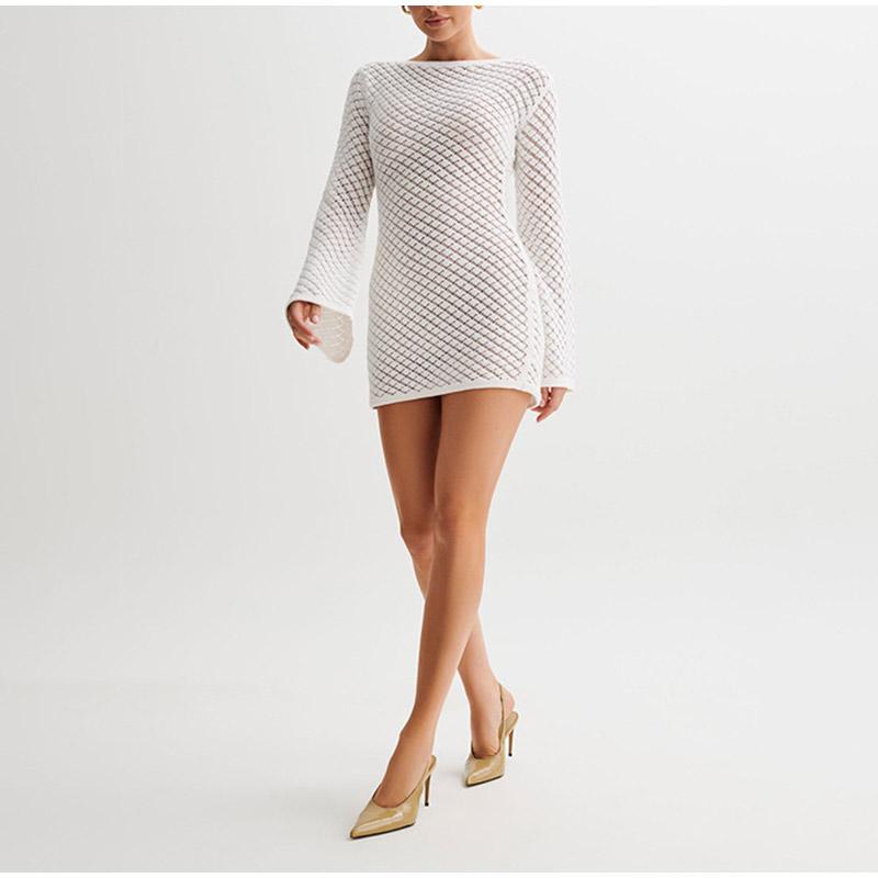 Women's Long Sleeve Backless 2026 Spring Summer Knit Dress Beach Bikini Cover-Up Tunic Hollow Out Crochet Swimsuit Female Swimwear