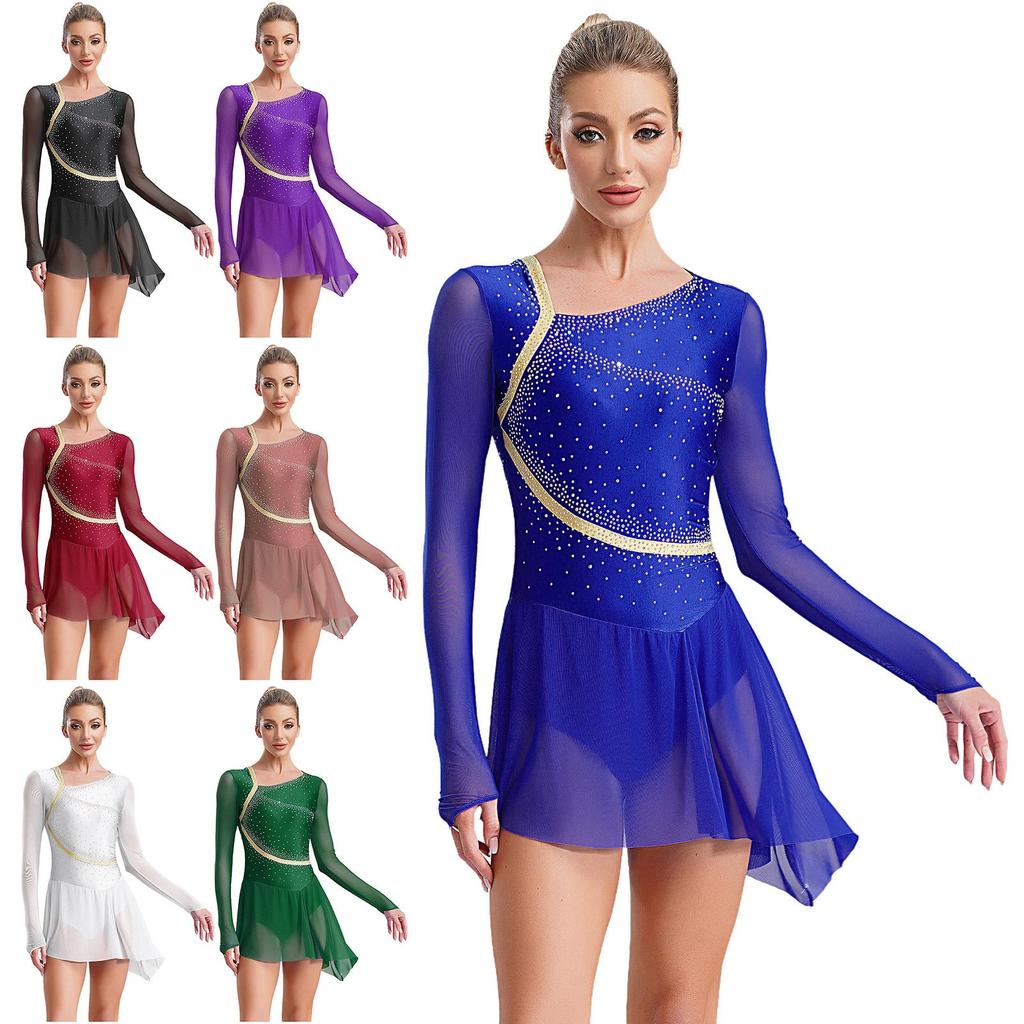 Abito da danza lirica da donna - Maniche lunghe in rete trasparente, schiena scoperta con strass lucenti e orlo asimmetrico