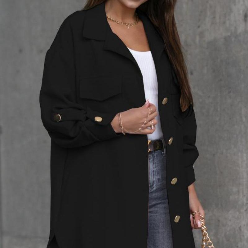 Knopfdekoration Mittellange Hemdjacke Herbst Winter Neu Aufgerollter Ärmel Knopfverziert Midi Hemdjacke, Mit Taschen Asymmetrisches Oberteil