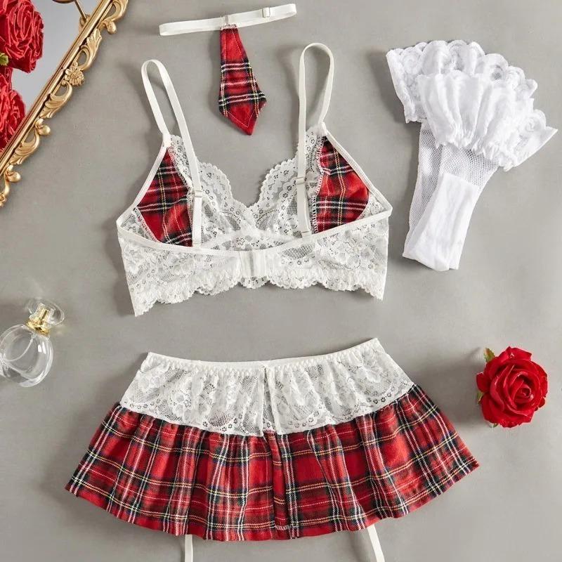 Cosplay Sexy Shoolgirl Nightdress Erotic Lingerie Sets Lace Bra Plaid Skirts And Garters Stockings Student Role Play Porn Outfit