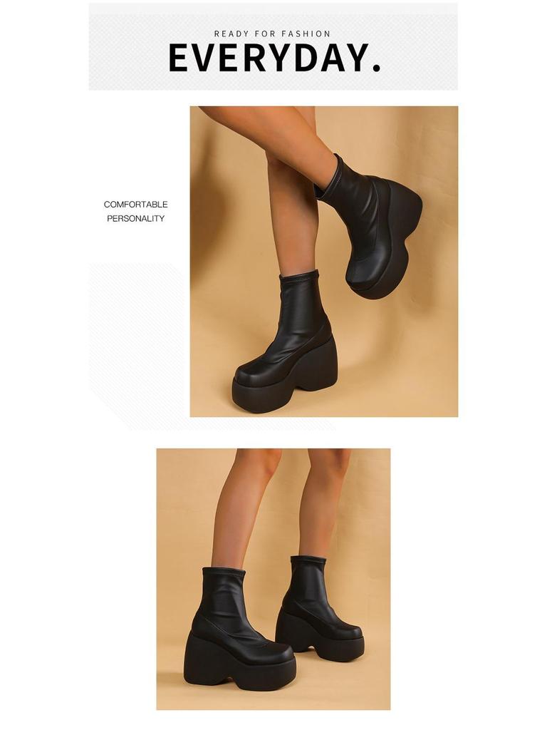 Stivaletti alla caviglia in pelle con plateau a zeppa suola spessa punta quadrata Donna 2022