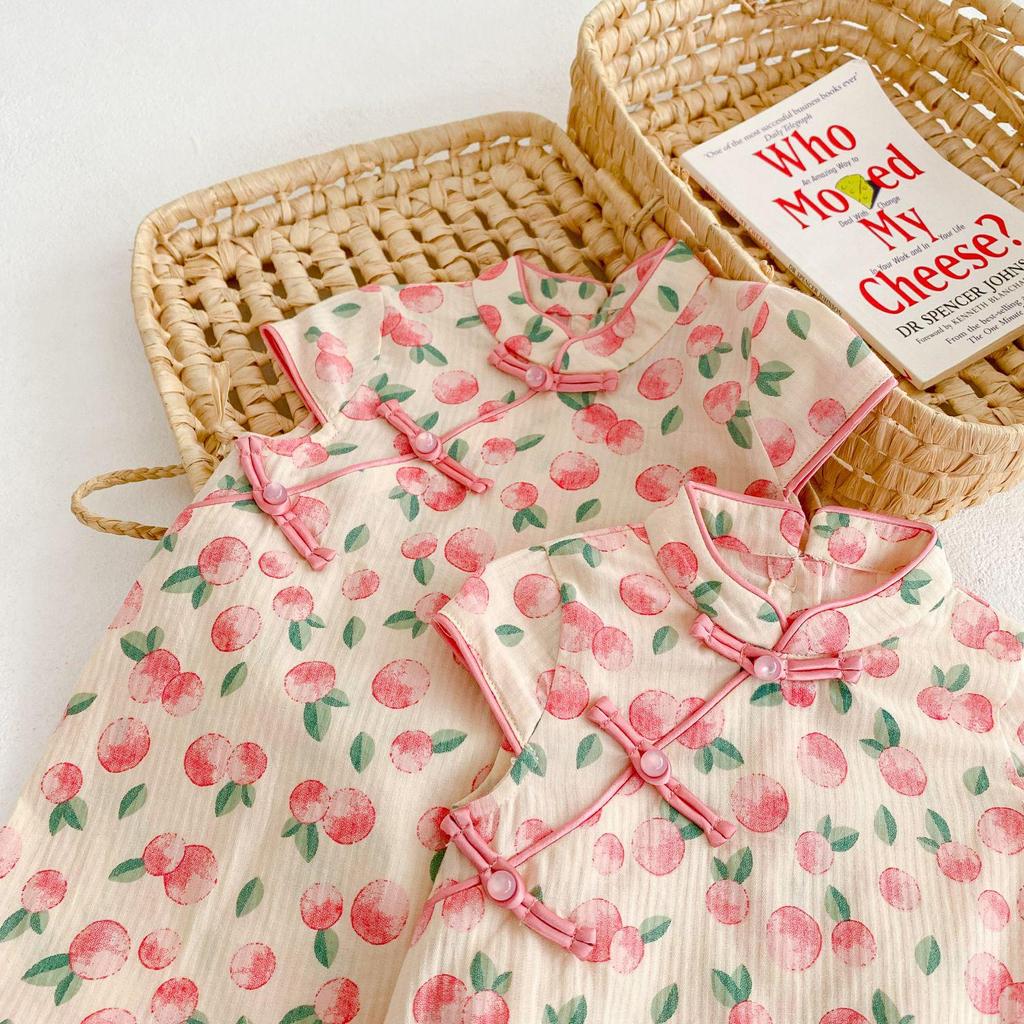 Sommer Mädchen Schwesternoutfits: Baby Strampler & Fruchtsalat Cheongsam Set