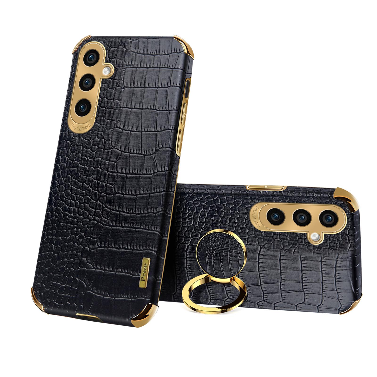 

For Samsung Galaxy S24+ Cell Phone Case Crocodile Texture Leather+TPU Back Cover with Ring Kickstand Black