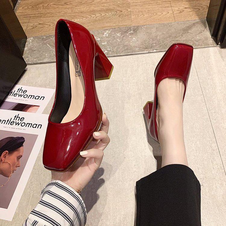 Korean Style Patent Leather Square Toe Women's High Heels with Thick Heels for 2024