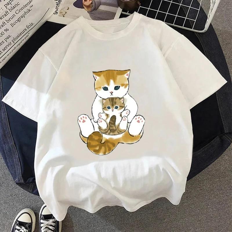 Kawaii Cat Women Print Funny T-shirt Girl Animal Y2K Fashion 90S Print Tops Tee Gril Black White Clothes Drop Ship T-Shirts Women’s
