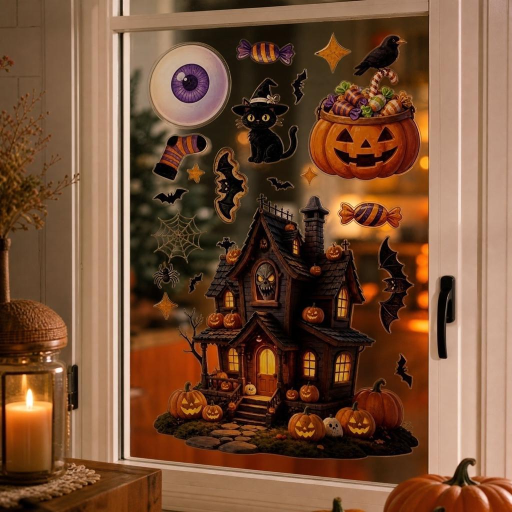 Halloween Window Clings Pumpkin House Static Stickers for Holiday Decor