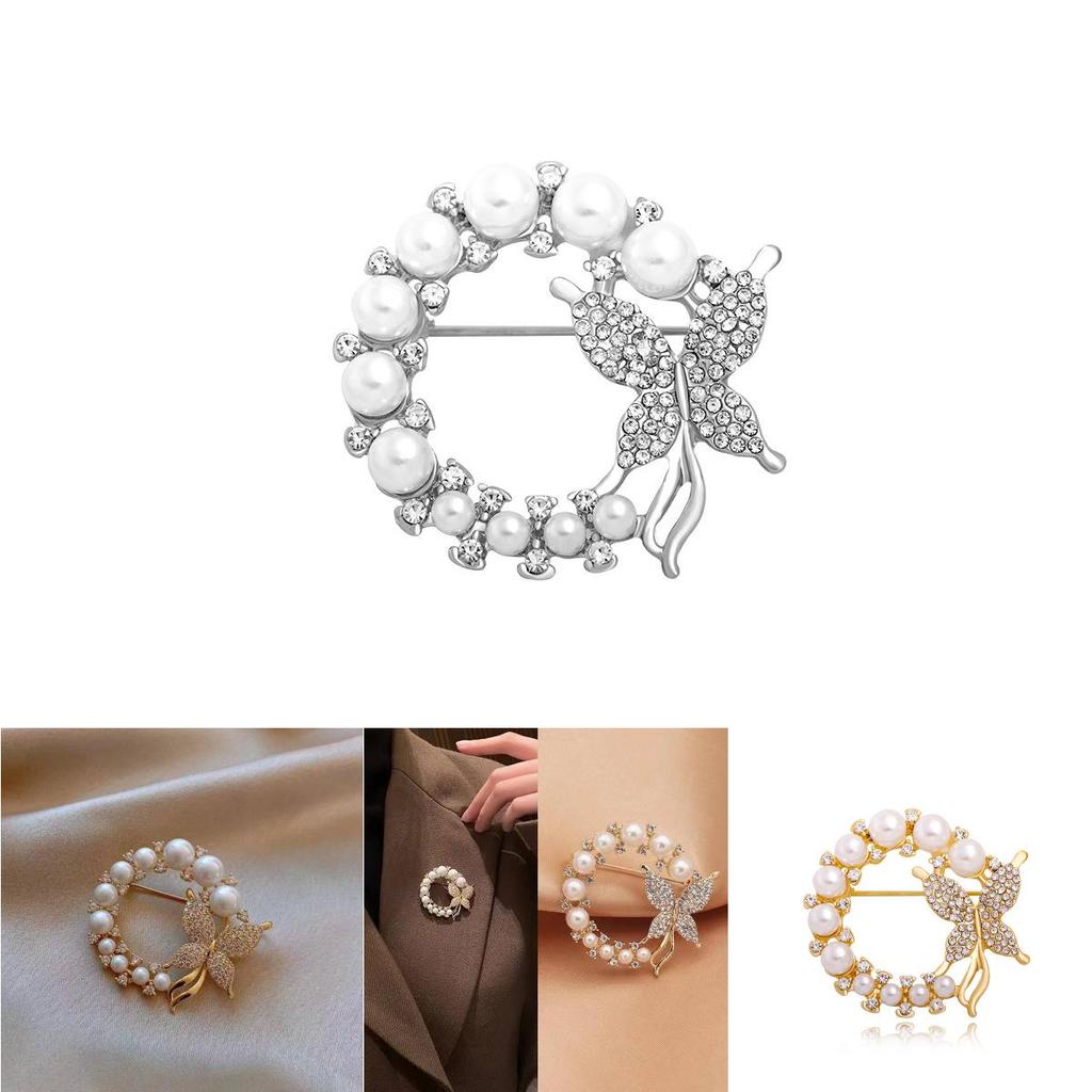 Stylish And Elegant Silver And Gold Butterfly Brooch With Rhinestones And Pearls For Women