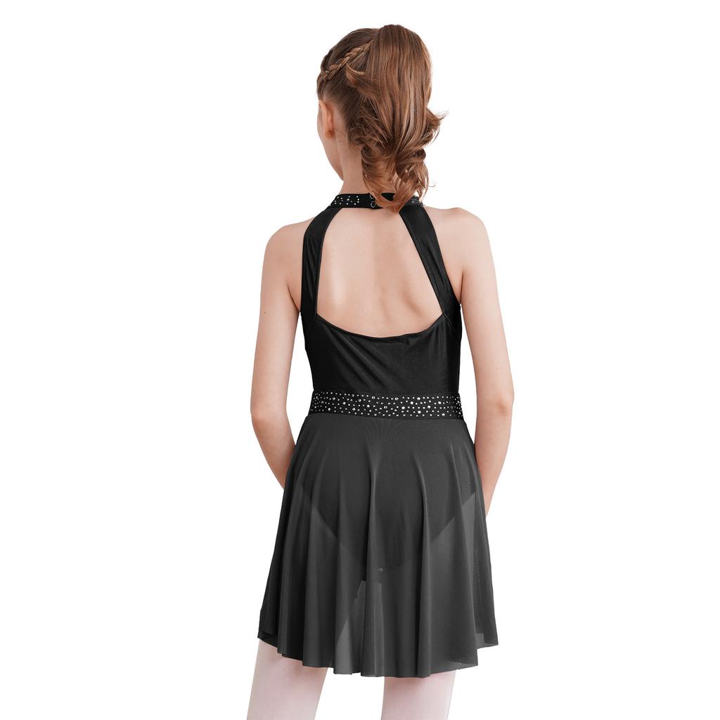 Girls Sleeveless Round Collar Shiny Rhinestone Decorated Backless Lyrical Dance Dress Performance Gown