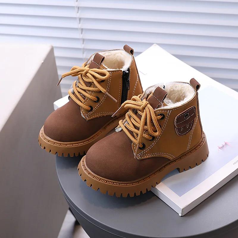 Children  Boots Winter Thickened Boys Girls Anti Slip Warm Leather Boots Side Zipper Solid Color Kids Casual Shoes I01291