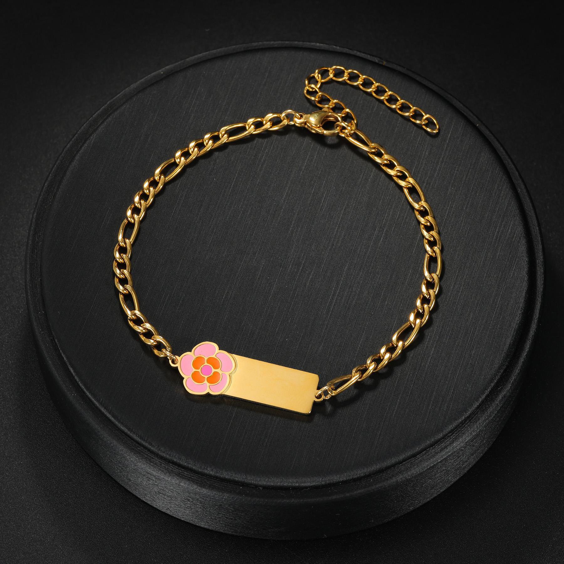 

Atoztide Engrave Name Bracelet For Women Color Oil Drip Butterfly Heart Stainless Steel Jewelry Figaro Chain Personalized Gift 18plus5cm&No engrave