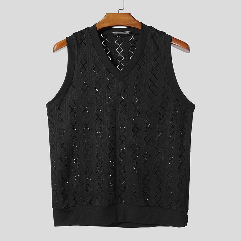 INCERUN Summer Men V Neck Sleeveless Hollow Out Solid Casual Tank Tops