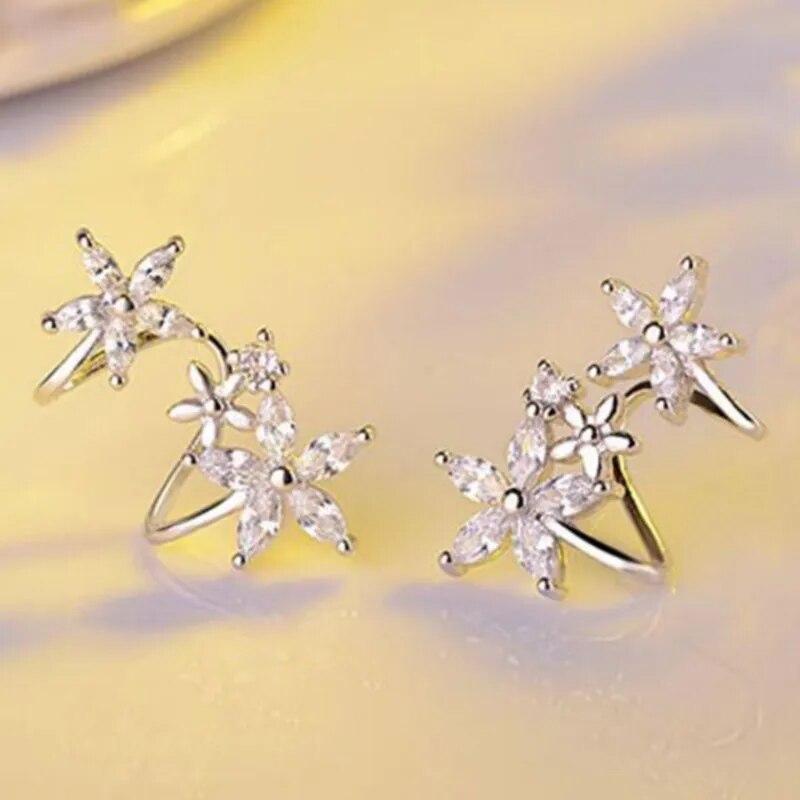 ANENJERY Shiny Earring Flower Curved Clip-on Earrings For Women Crystal Zircon Clip Earrings New Fashion Sweet Jewelry