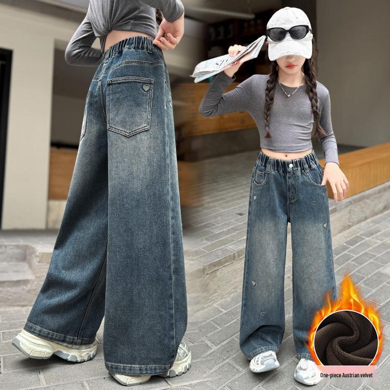

Girls 2025 Korean Style Fleece-lined Wide-leg Jeans: Trendy Autumn/Winter Loose Straight-fit Pants. 150 cm