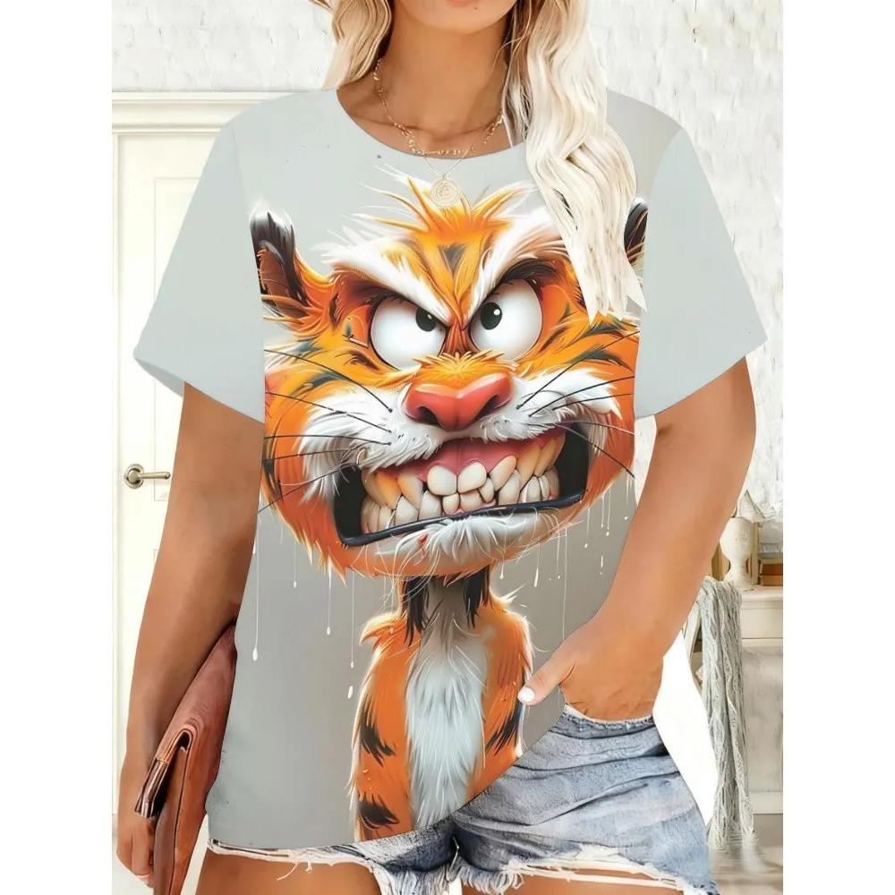 Ladies' Summer Fashion Casual T-shirt Fun Animal Pattern Printing Loose Large Size Soft Breathable Round Neck Short Sleeve T-shirt
