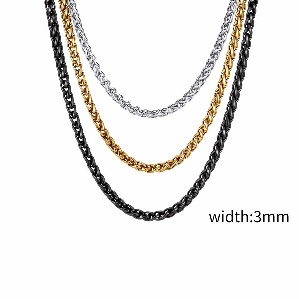 Stainless Steel Wheat Chain Necklace for Men Boys,3mm Silver Gold Black Color Chain Link Collars,Rock Punk Jewelry Gift