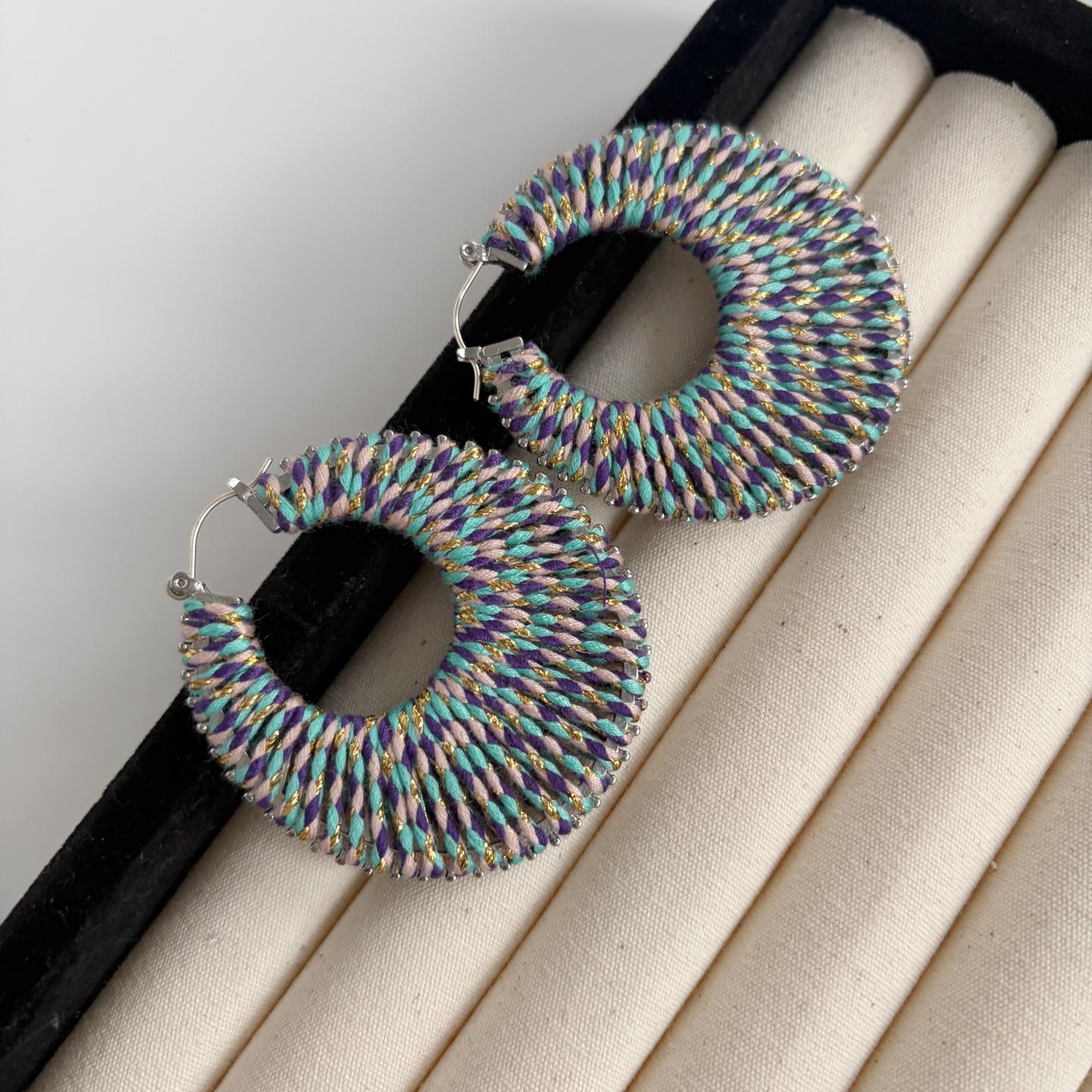High-End Retro Versatile Ear Cuffs: Colorful Woven Hoops with 925 Silver Studs