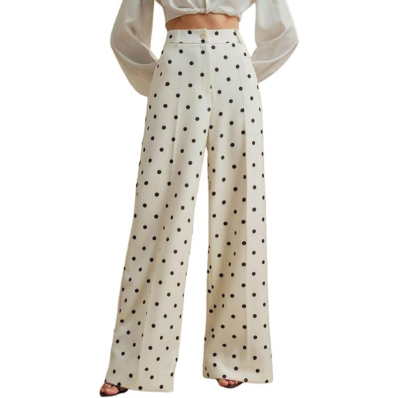 Women's High Waist Wide Leg Pants with Polka Dot Pattern and Button Detail in Multiple Colors