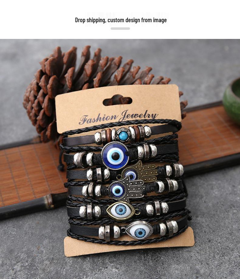 Unisex Cross-Border Personality Bracelet Set: Adjustable Alloy, Woven Waxed Cord, Leather Bangles with Eye Design