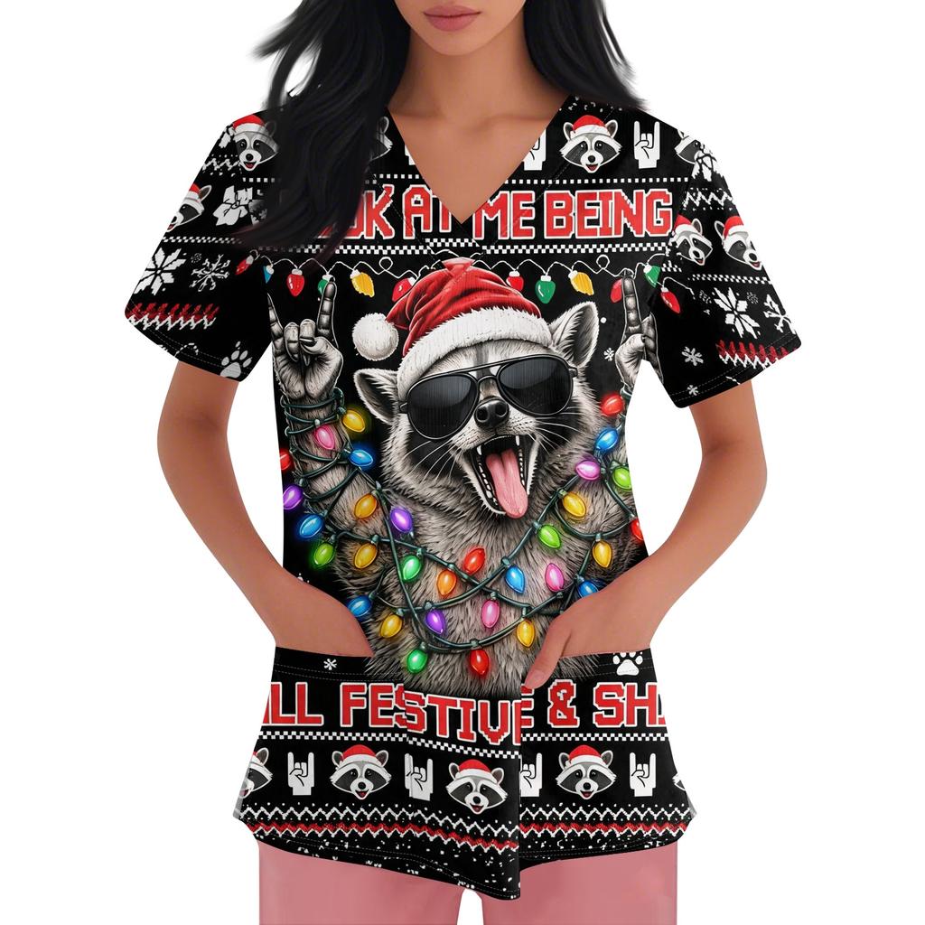Women's Christmas Uniform V-Neck Short Sleeve Loose Fit Side Slit
