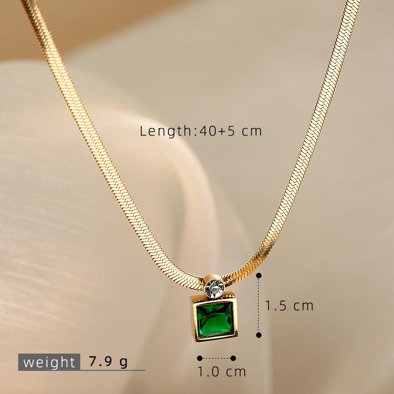 Women's Luxury Emerald Zircon Pendant Necklace, Stainless Steel Clavicle Chain