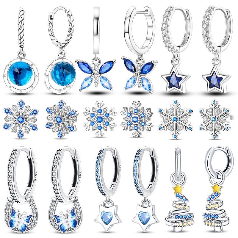 Women's Romantic 925 Silver Snowflake Star Shining Zircon Christmas Winter Earrings Fit Wedding Party Exquisite Jewelry