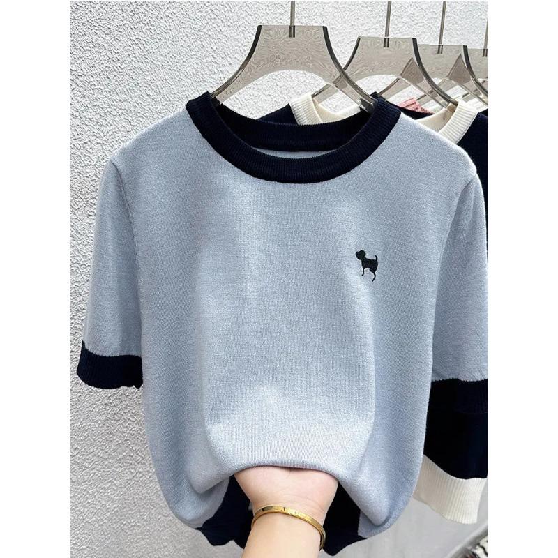 

Womens Color-Block Crew Neck Short Sleeve Knit Top S синий
