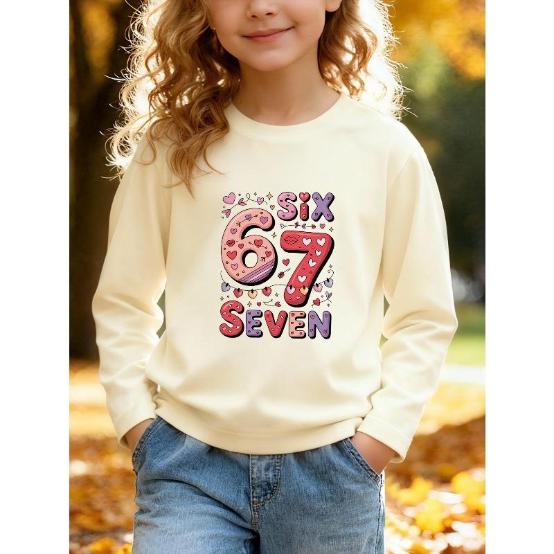 Kids Unisex Pink Crewneck Sweatshirt, Cute Heart Arrow Cartoon 67 Six Seven Print Long Sleeve Pullover, Soft Fleece Sweatshirts for Boys Girls Ages 4+