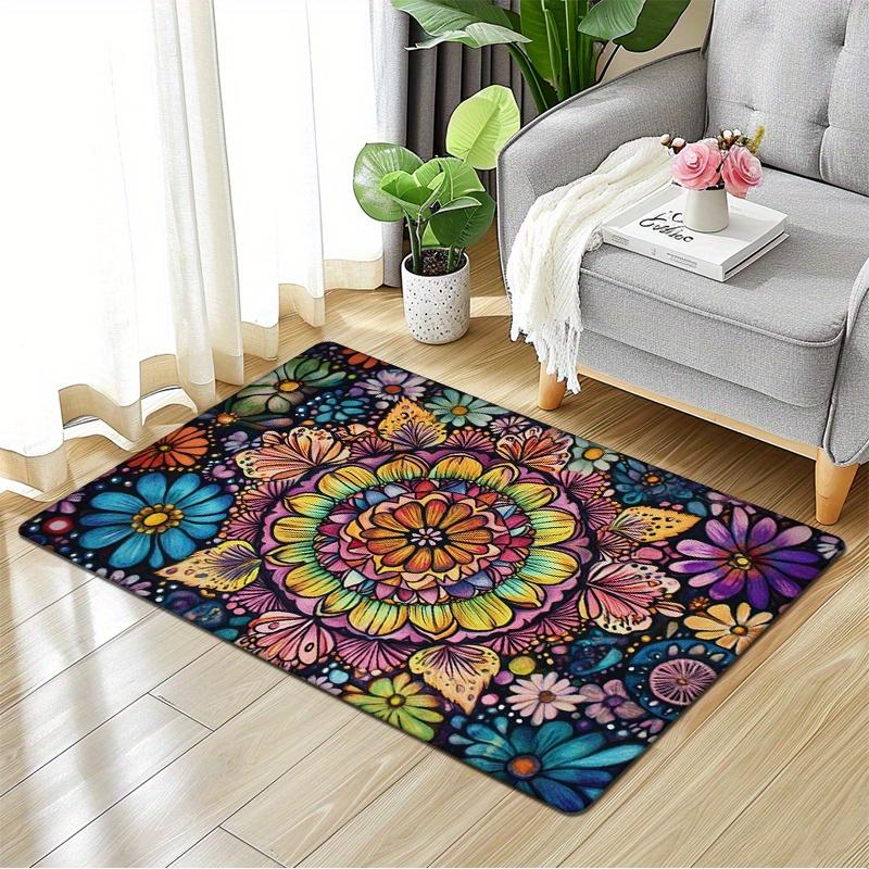 Flannel Thickness 0.47inch - 1pc Multicolor Mandala Door Mat, Black Base with Vibrant Symmetrical Pattern, Absorbent and Non-Sli