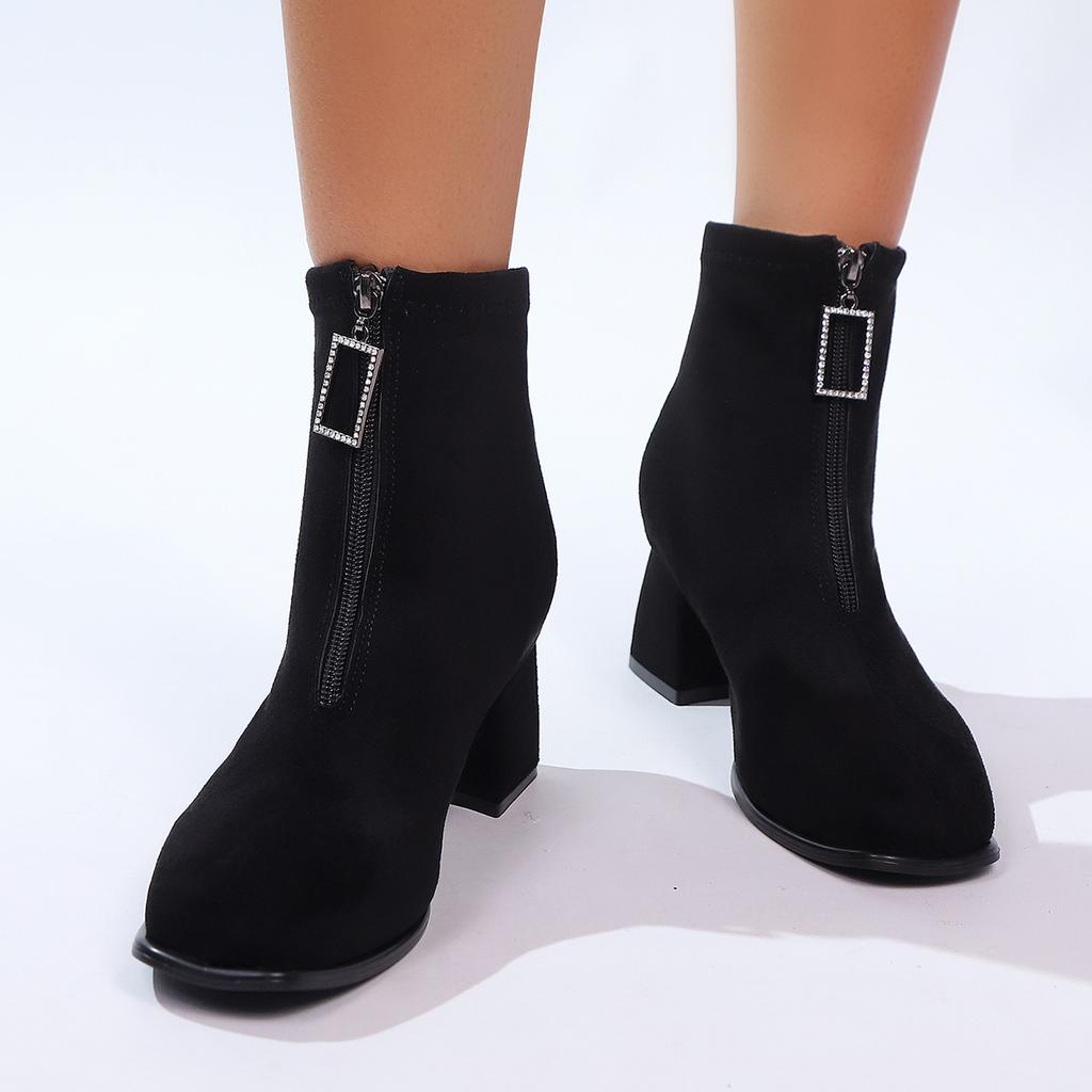 Fashion Aphixta Crystal Buckle Zipper Ankle Boots Women Big Size 43 Cow Suede Black Round Toe Heels Shoes 6cm High Heel Ankle Boot Woman