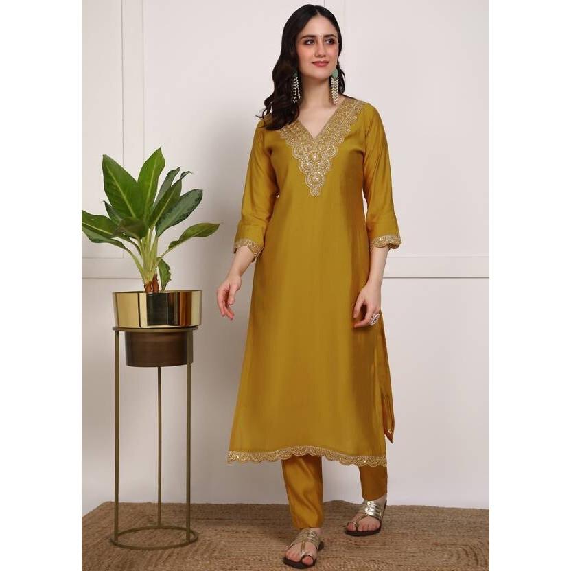 Indian Pakistani Pure Silk Kurti Pant Dupatta Set Women Party Wear Salwar Kameez VF-20219