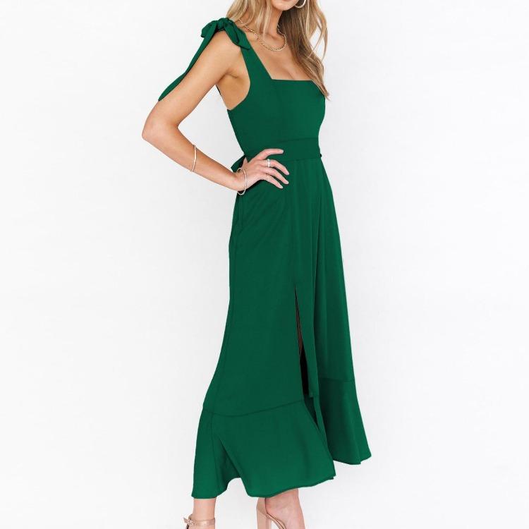 Women Summer Casual Sleeveless Spaghetti Strap A-Line Dress High Waist Long Split Solid Color Dresses