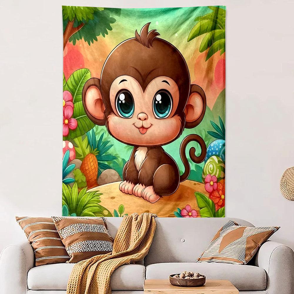 Cute Cartoon Monkey in Jungle Scene Patterned Tapestry Decorative Wall Hanging, Home Bedroom Living Room Decor