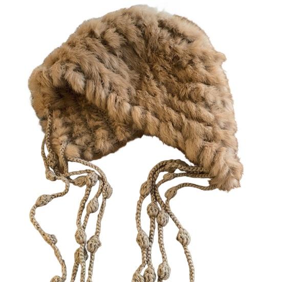 Women Hat Solid Color Rabbit Fur Blend Tassel Knit Hat Comfortable Stretch Fit Autumn Winter Skiing Warm Hat