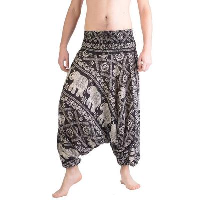 Χαλαρό παντελόνι χαρέμι, στάμπα ελέφαντα, One size με κορδόνι περίσφιξης, μοντέλο Unisex. Μαύρος