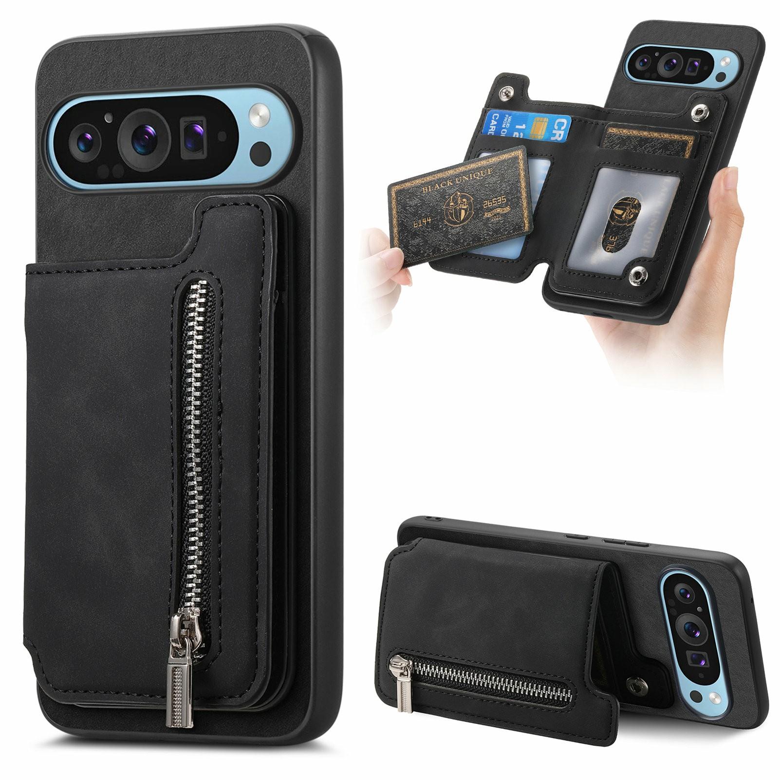 

Чехол для Google Pixel 9/Pixel 9 Pro Магнитный Съемный Кармашек на молнии для карт Кожа+ТПУ Чехол для телефона Black