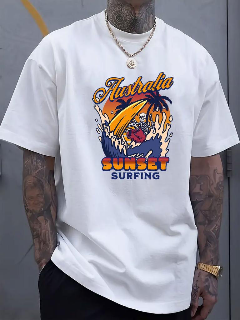 Skeleton Surfing Graphic Print Men's Luxury Cotton Short Sleeved T-shirt Summer Unisex Men's and Women's Street Fashion Clothing