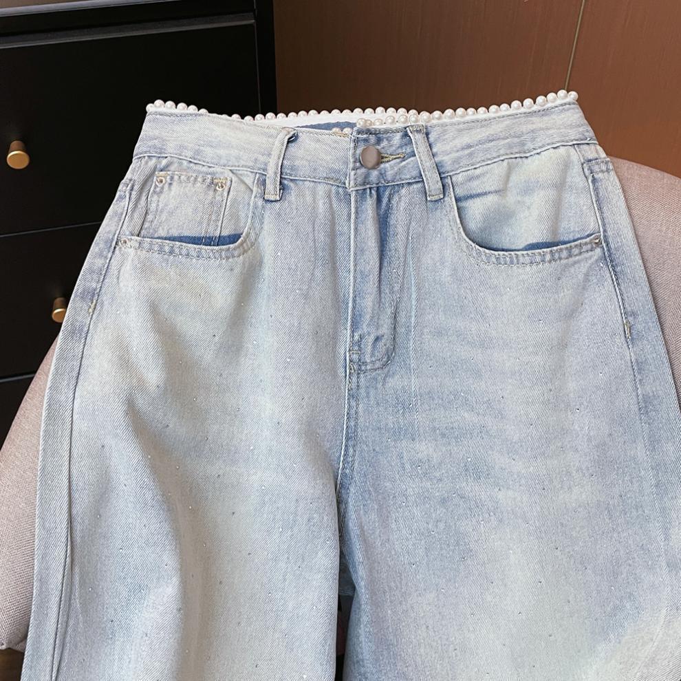 Korean Style Elegant Pearl Waist Rhinestone Light Jeans - Women's High Waist Straight Slimming Wide Leg Pants
