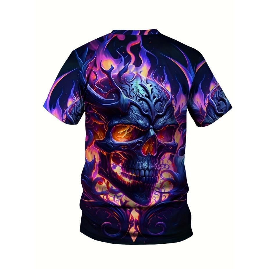 Plus Size Men's 3D Glow Skull & Flames Graphic Print T-shirt Funky Short Sleeve Tees For Summer, Halloween Men's Clothing