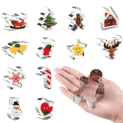 

Set of 12 Stainless Steel Christmas Cookie Cutter Cutters, Featuring a Cute Christmas Tree, Snowflake, Snowman, and Reindeer Designs. Perfect for Cook