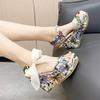 2026 Womens Pumps Summer Wedge Sandals Ladies Peep Toe High Heels Shoes Female Thick-soled Platform Flowers Print Party