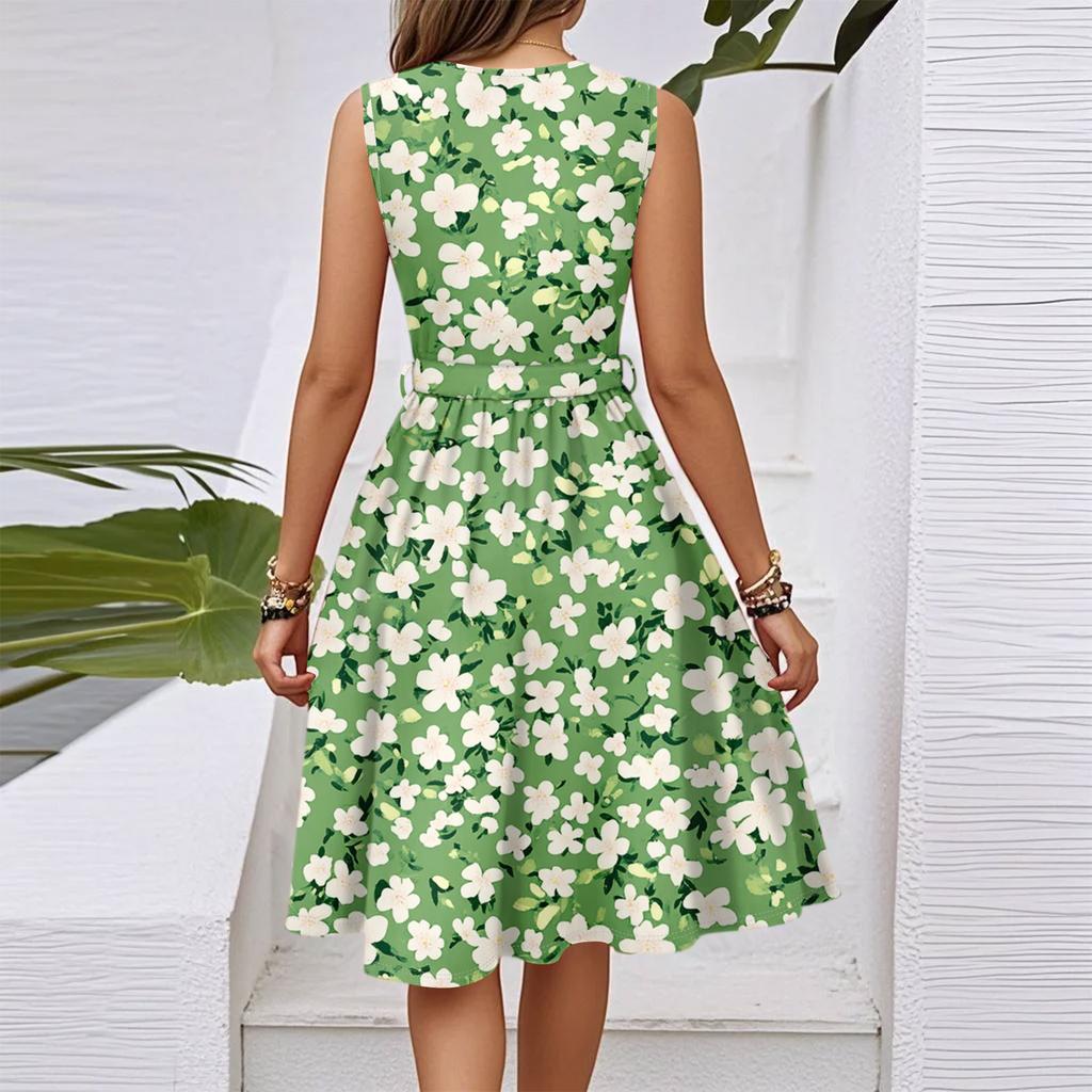 Women's Spring And Summer Casual V-Neck Sleeveless Waist Floral Print Midi Dress