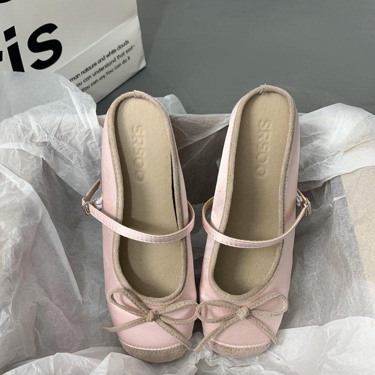 Inner Height Increase 5CM Flat Bottom Small Fragrant Wind Bag Head Half Slippers Women's 2025 New Versatile Bow Small Sandals Outer Wear