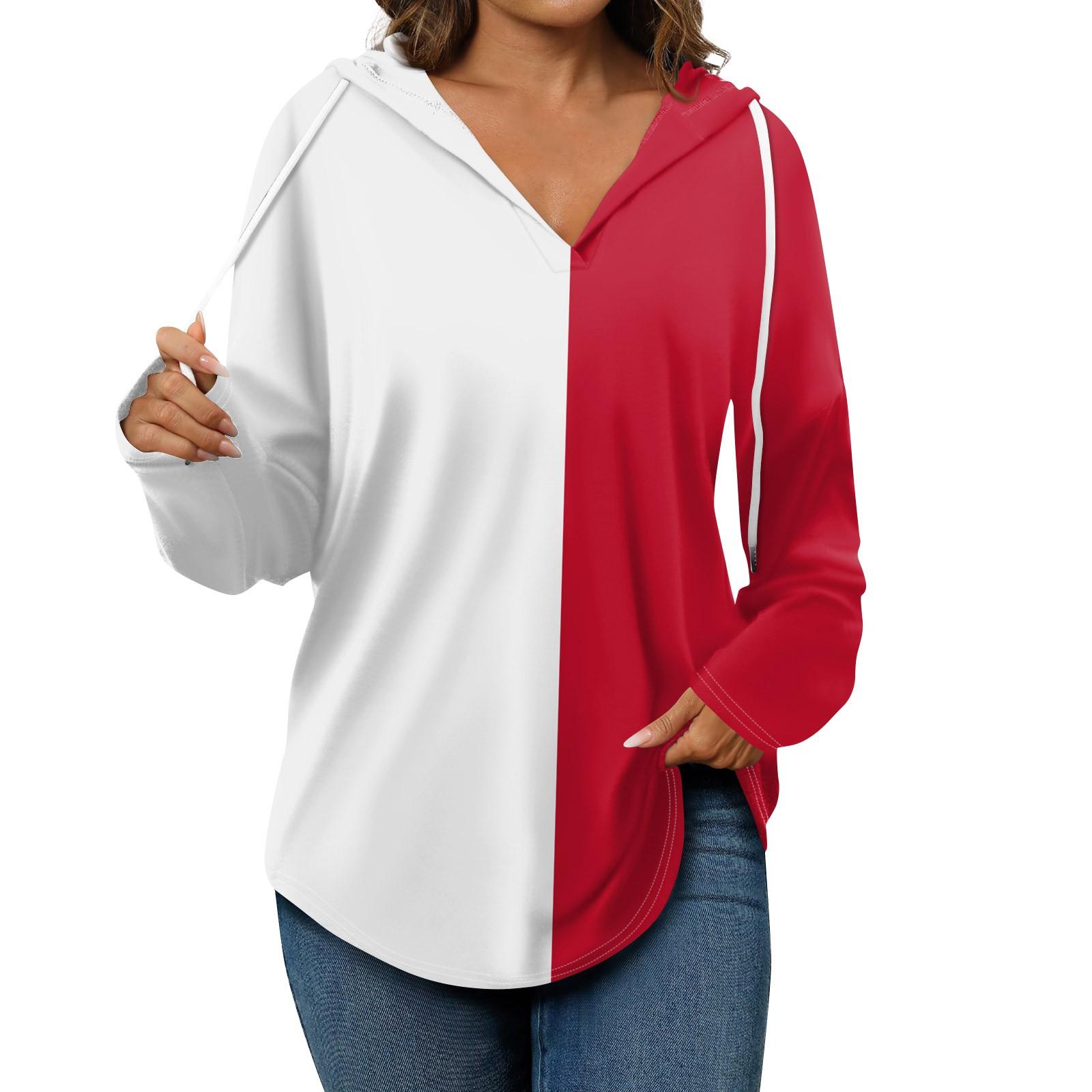 

Женская мода повседневная V-образный вырез завязка полосатый принт длинный рукав топ L красный