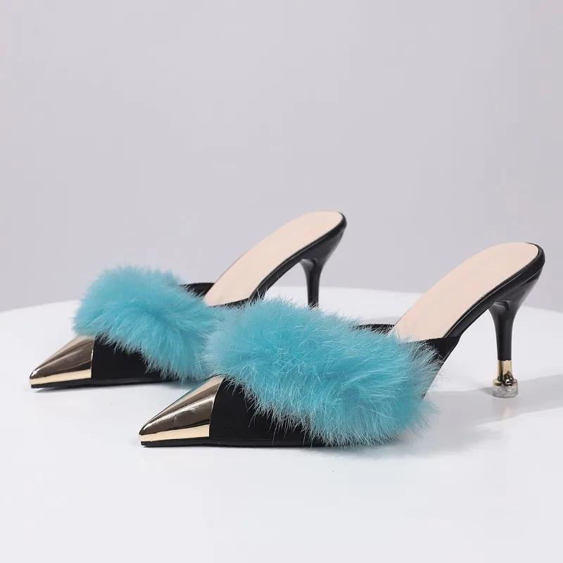 Fashion Sense of Design Niche Wearing Slippers for Women Winter Thin Mid-heel Pointed-toe High-heeled Shoes with Baotou Half-drag