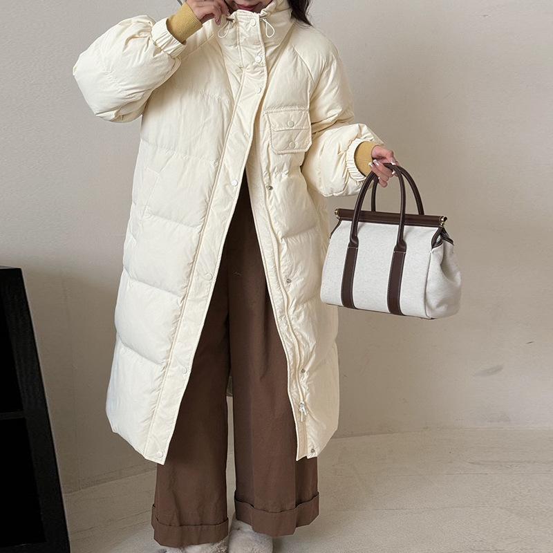 Stand-up collar drawstring long down jacket women's 2024 winter new fashion Korean small sweet knee coat tide