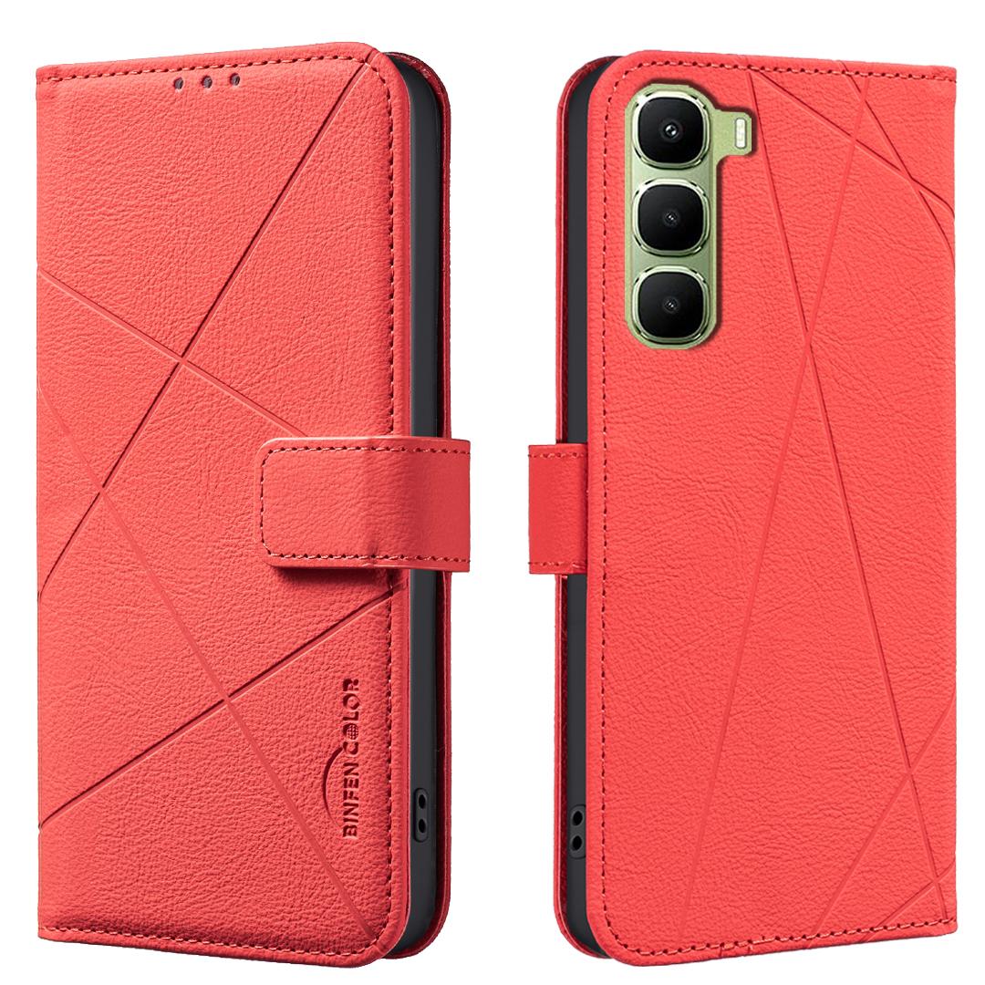 

For Infinix Hot 60 Pro+ 4G Case BINFEN COLOR BF35 Geometry Imprinted Leather Phone Cover RFID Blocking Wallet Stand Red