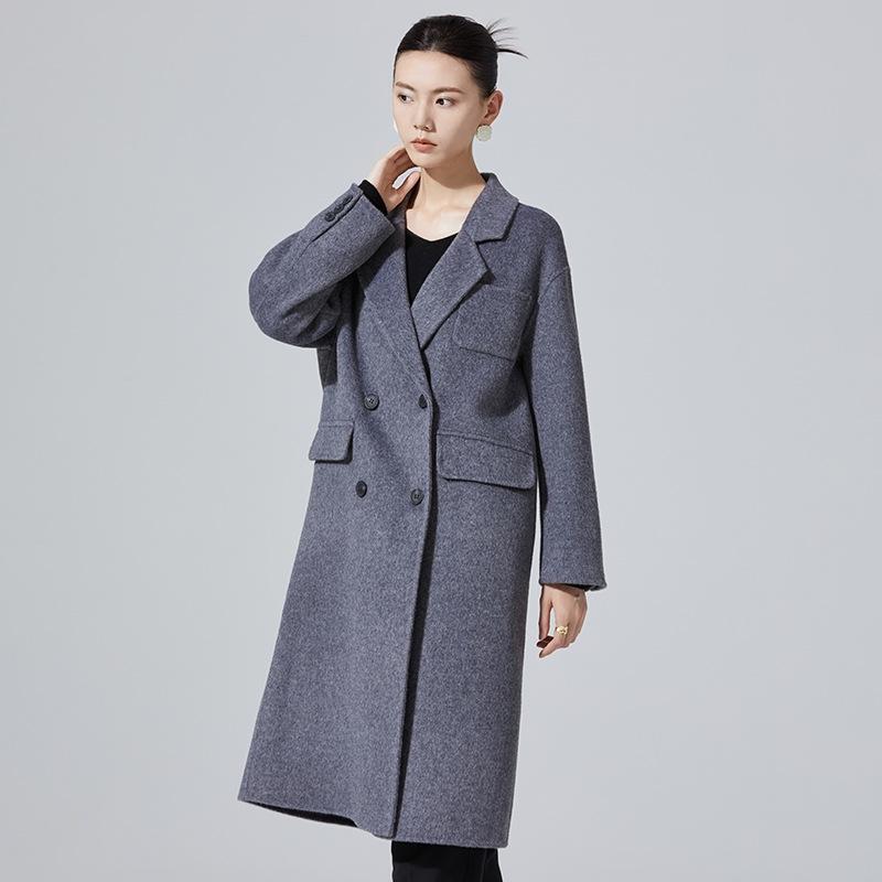 2024 Autumn/Winter Women's Mid-Length Double-Breasted Wool Coat - Versatile Solid Color Commuter Outerwear