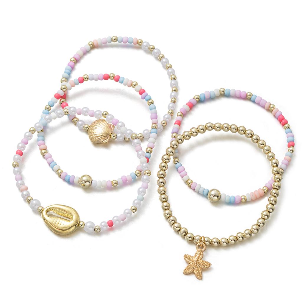 Sommer Meeresstil Stapelbares Armband Set, Gold Perlen Muschel Seestern Anhänger, Macaron Perlen Stretch Armband