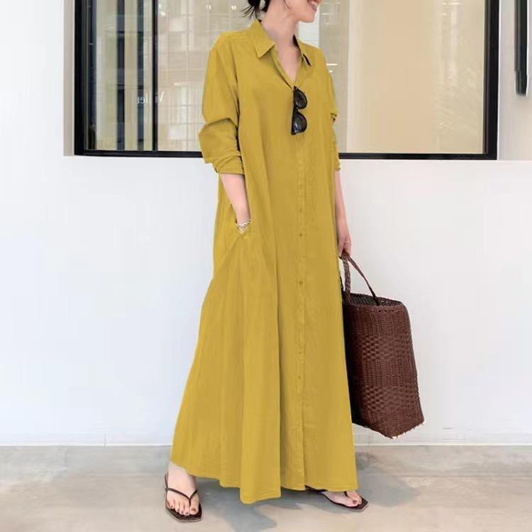 Abito Lungo Camicia da Donna con Maniche Lunghe, Scollo a V, Bottoni e Tasche in Cotone