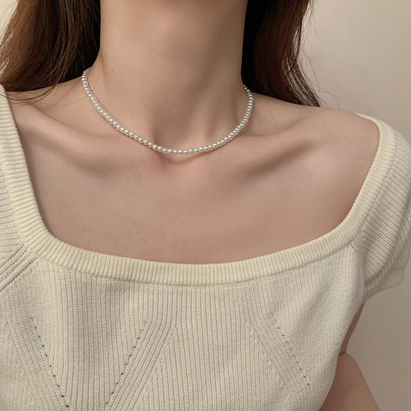 

Fashion Elegant White Imitation Pearl Chokers Necklace For Women Men Wedding Banquet Necklaces Vintage Handmade Jewelry Gift 40cm add 5cm